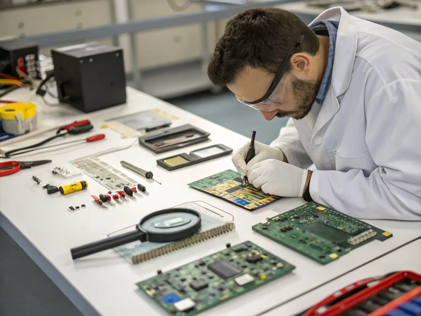 A professional team inspecting electronic components in a supplier factory in India, ensuring they meet the required specifications for an Israeli client.