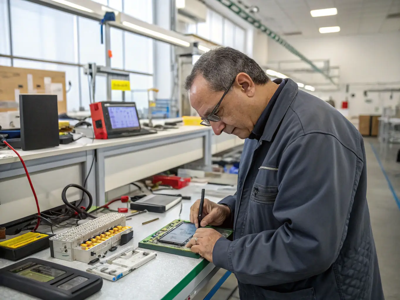 A quality inspector reviewing supplier certifications and product samples in an Indian factory, ensuring compliance with Israeli standards.