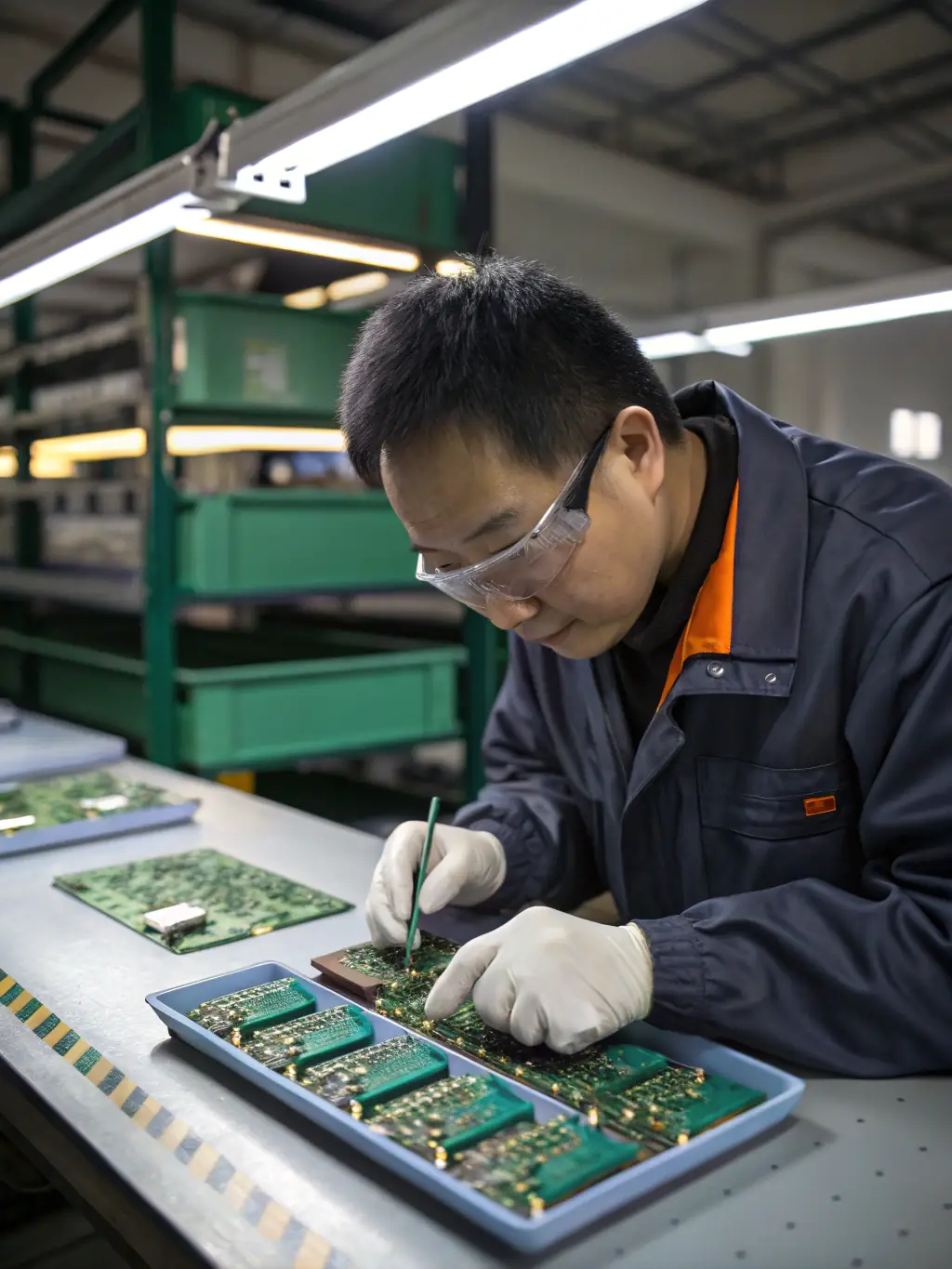 A focused image of engineers in India inspecting electrical components, highlighting the quality control aspect of product sourcing for Persona Ltd.