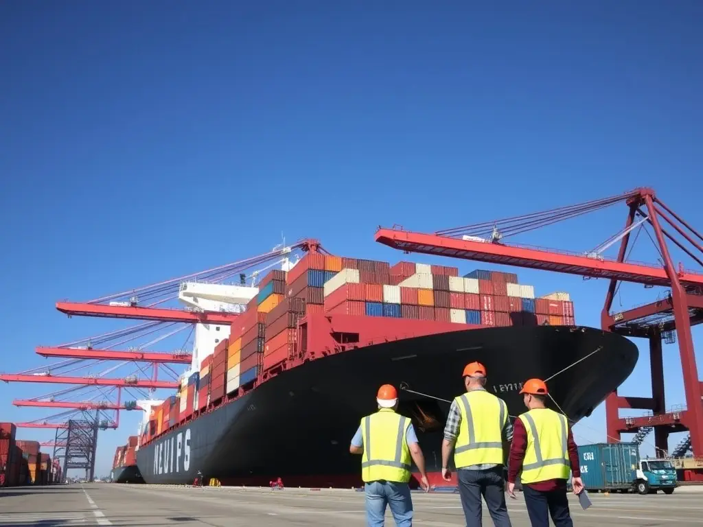 A cargo ship being loaded at a port with logistics professionals overseeing the process, ensuring timely delivery of goods to Israel.